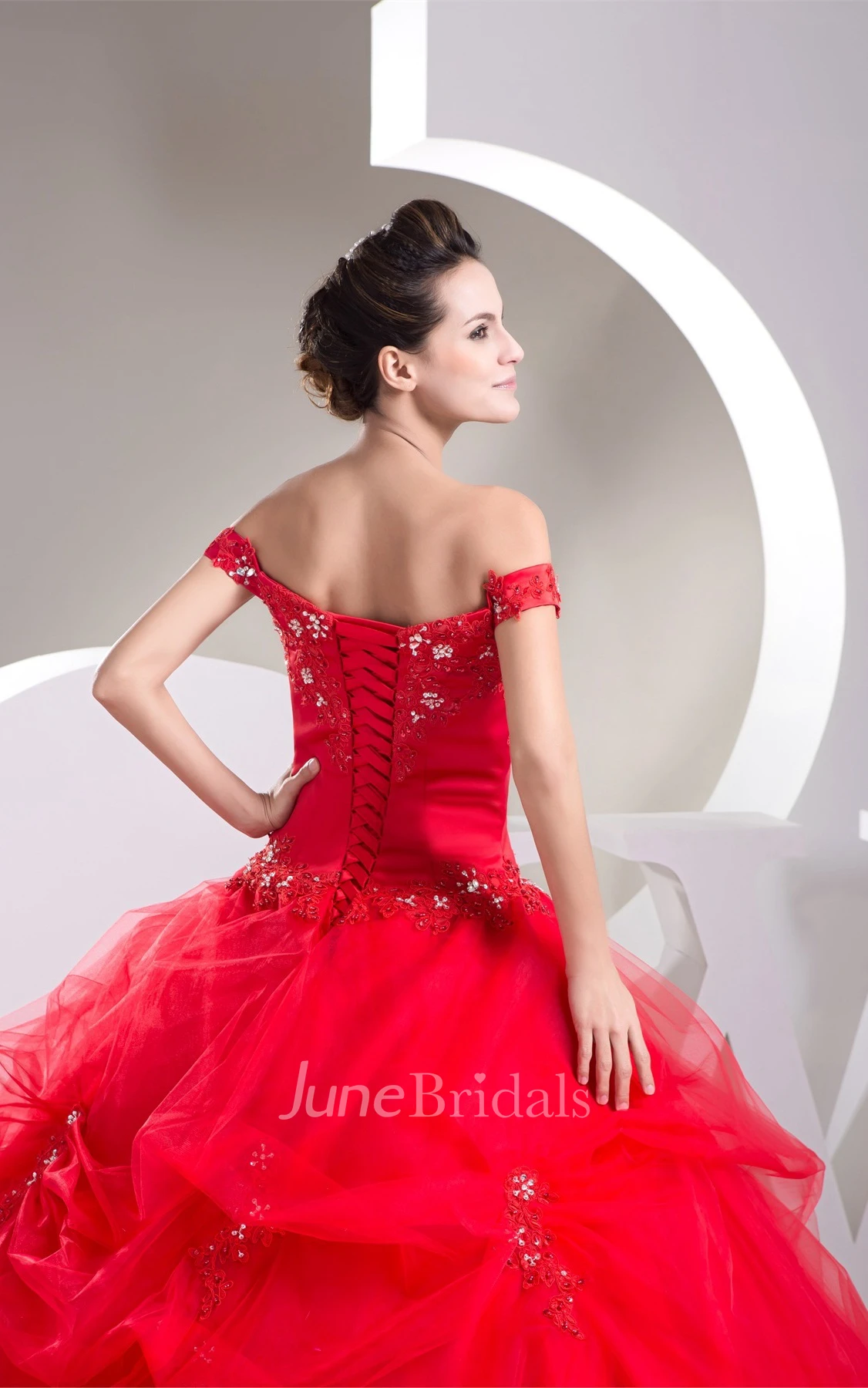 Off-The-Shoulder Ruffled Ball Gown with Appliques and Corset Back