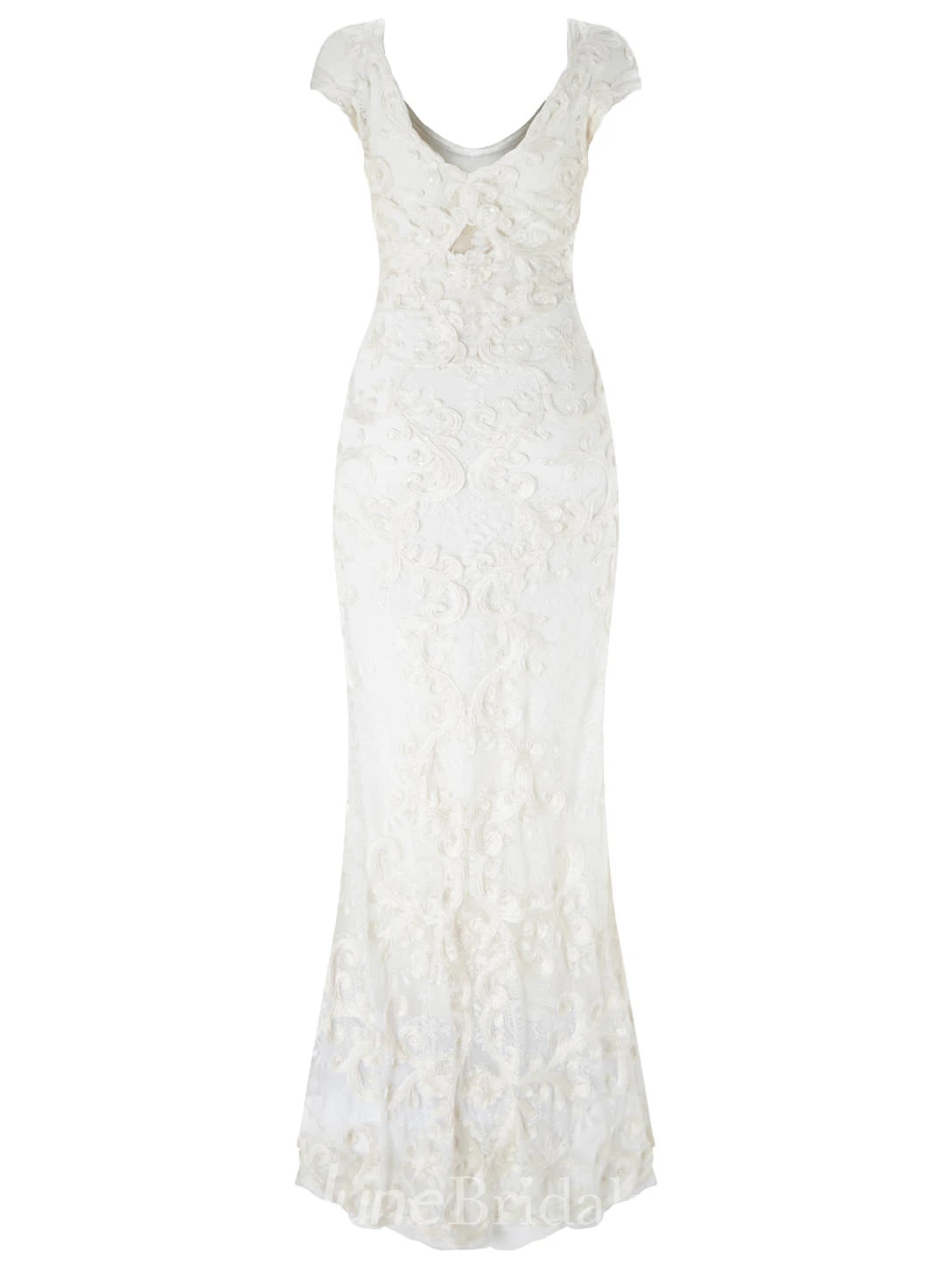 Sheath V-Neck Cap-Sleeve Lace Wedding Dress With Embroidery