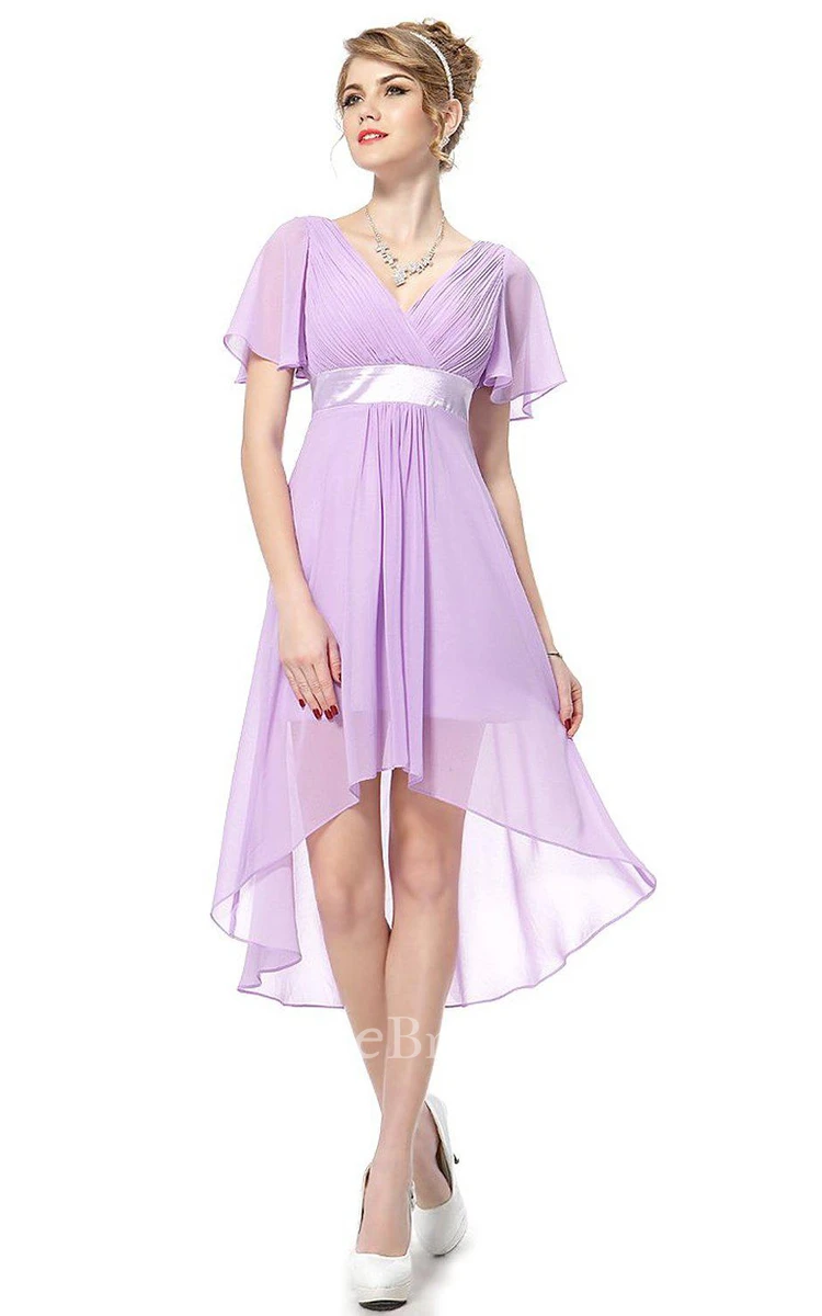 Short-sleeved Asymmetrical Chiffon Dress With Pleats