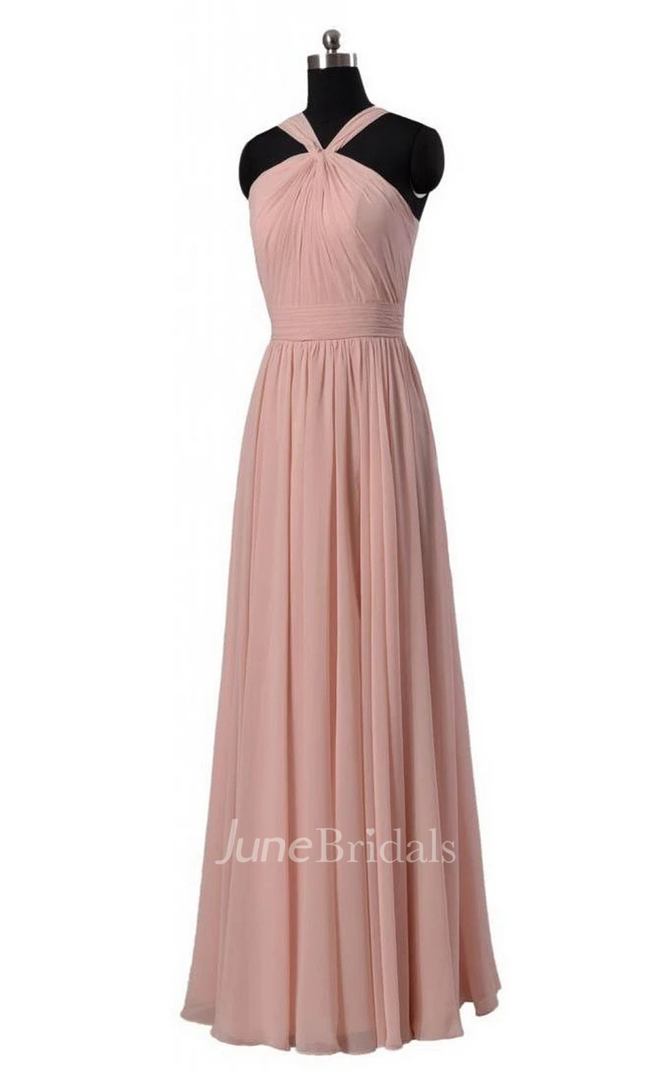 Halter Pleated Chiffon A-line Gown With Zipper Back
