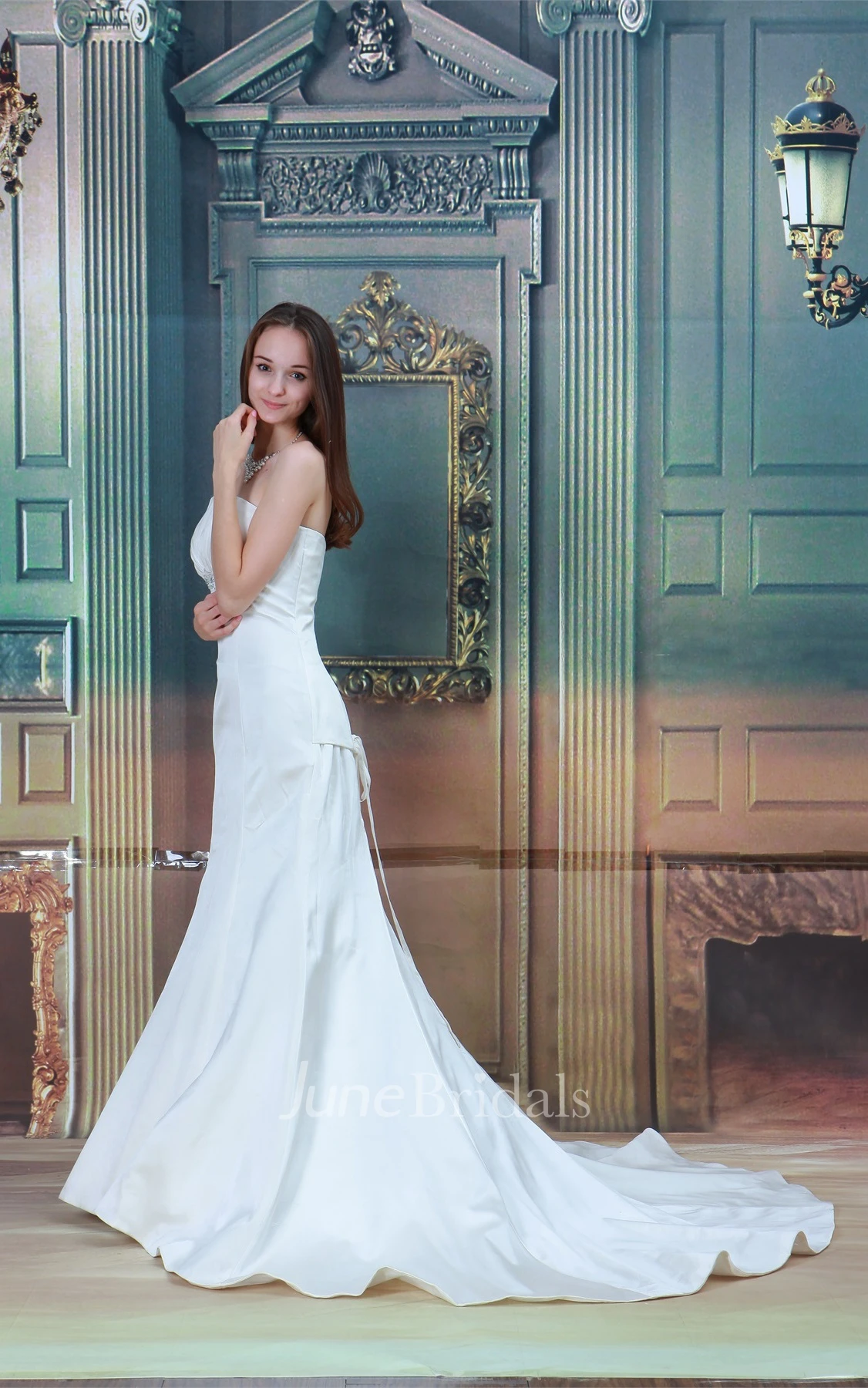 strapless trumpet satin gown with corset back and jeweled top