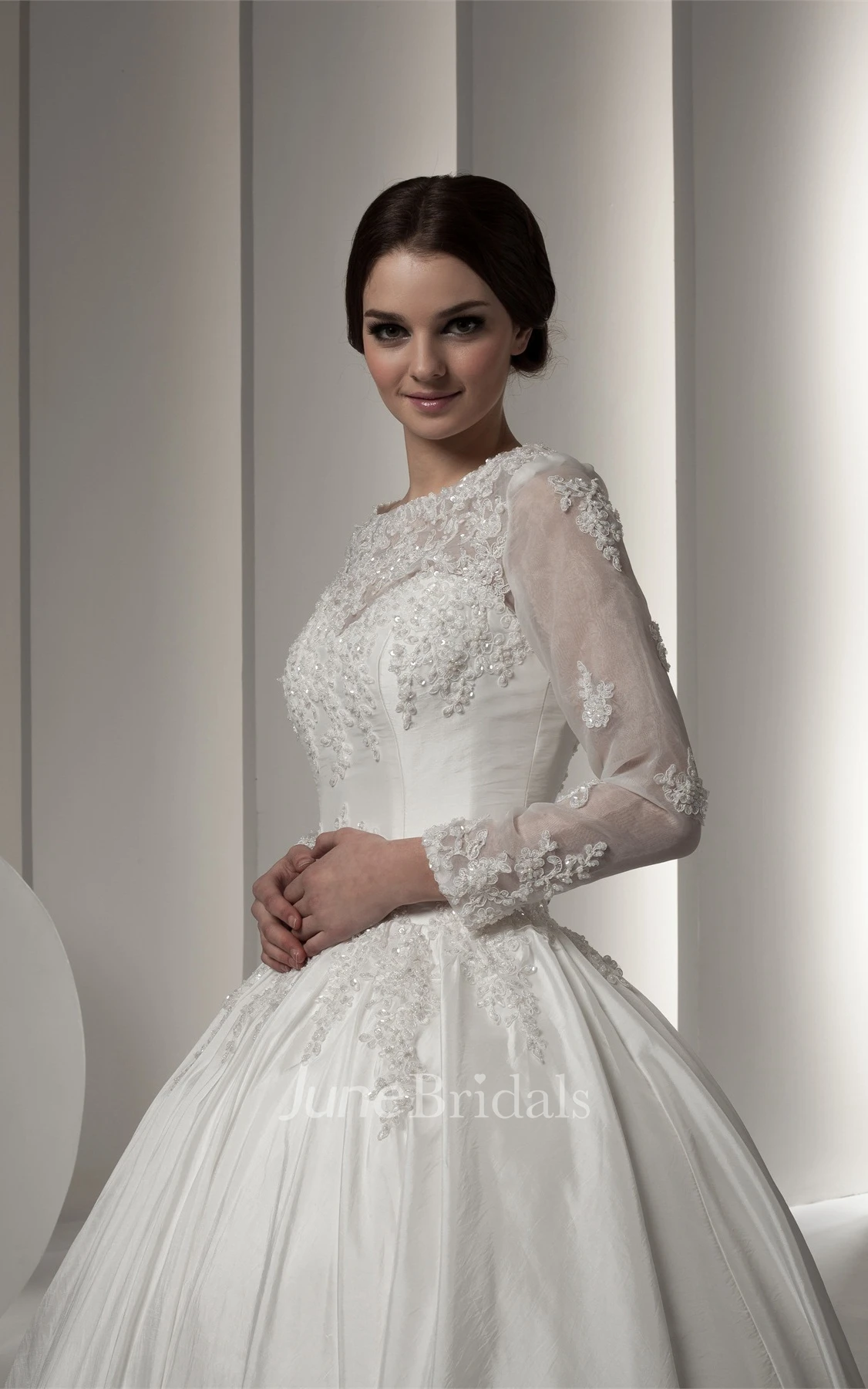 Bateau-Neck Long-Sleeve Ball Gown with Lace and Beading