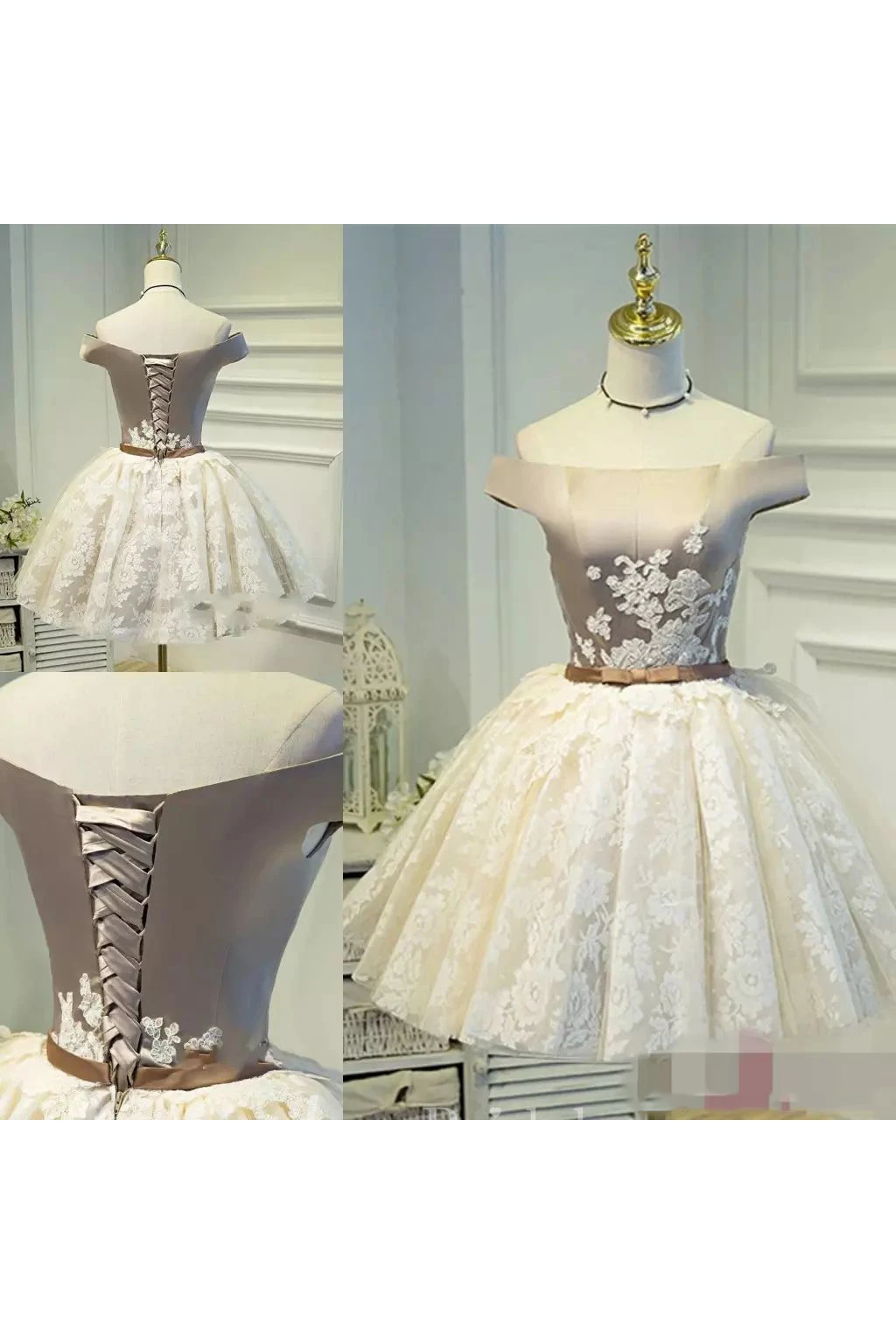 Ball Gown Off-the-shoulder Sleeveless Appliques Bow Pleats Short Mini Satin Lace Homecoming Dress