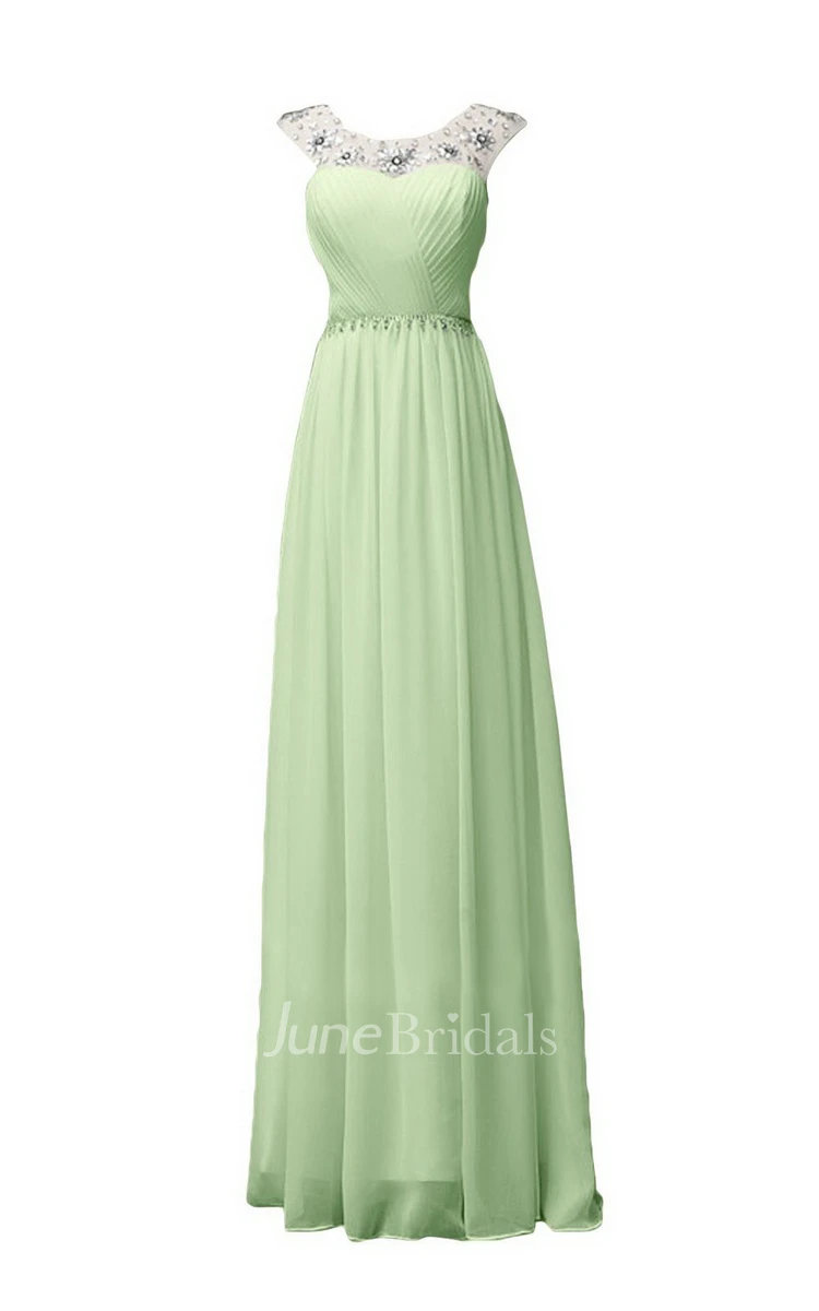 Sleeveless Long Ruffled Chiffon Dress With Beaded Neck