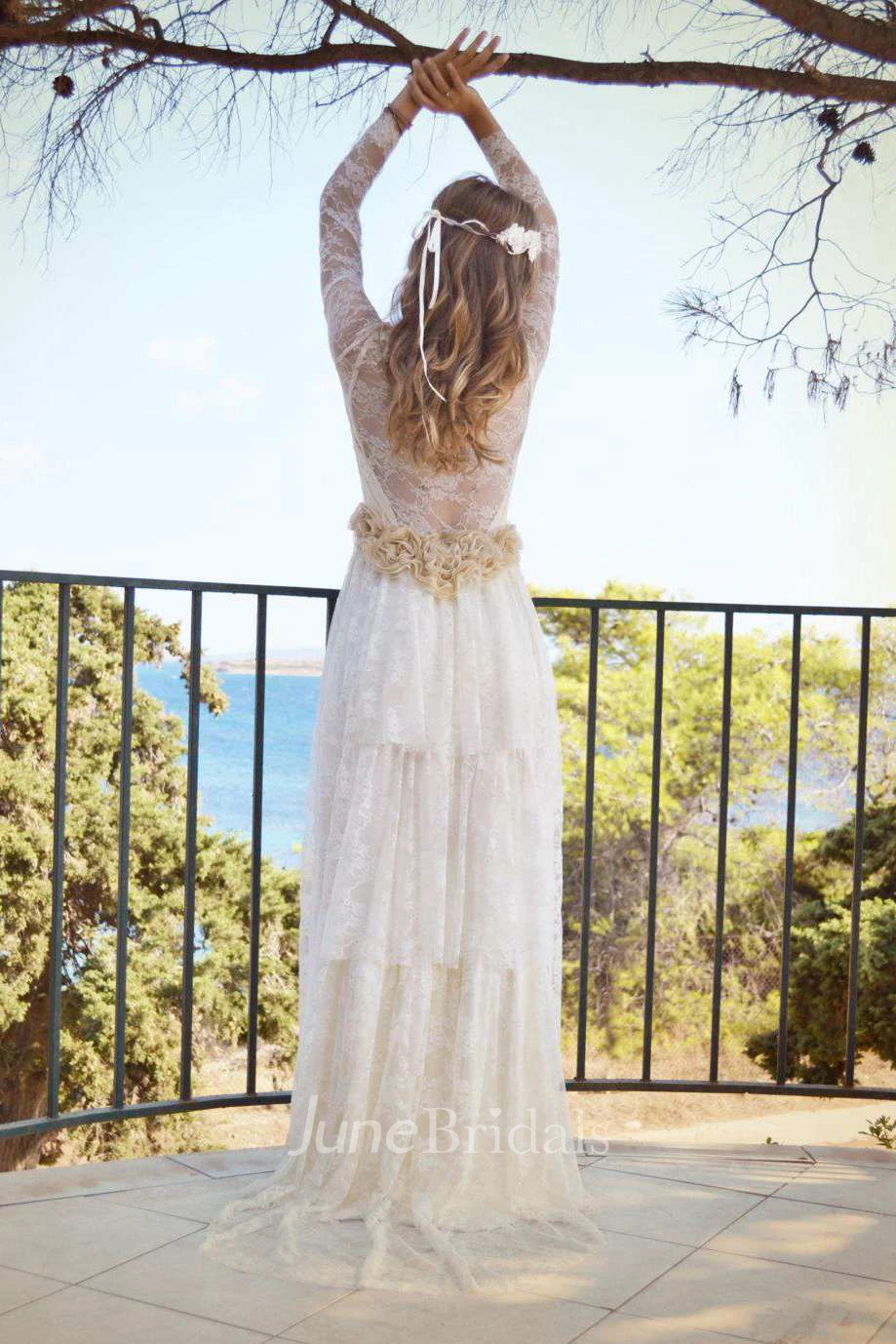 Scoop-Neck Lace Illusion Long Sleeve Wedding Dress With Pleats