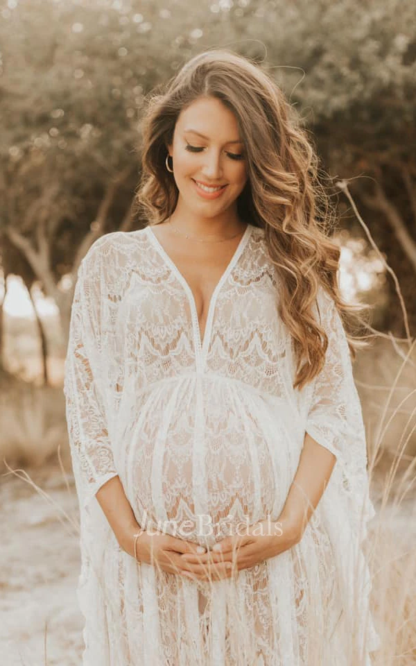 Simple Sexy Beach Long Sleeves Boho Lace Winter Wedding Dress Elegant Casual Maternity A-Line V-Neck Gown with Deep-V Back
