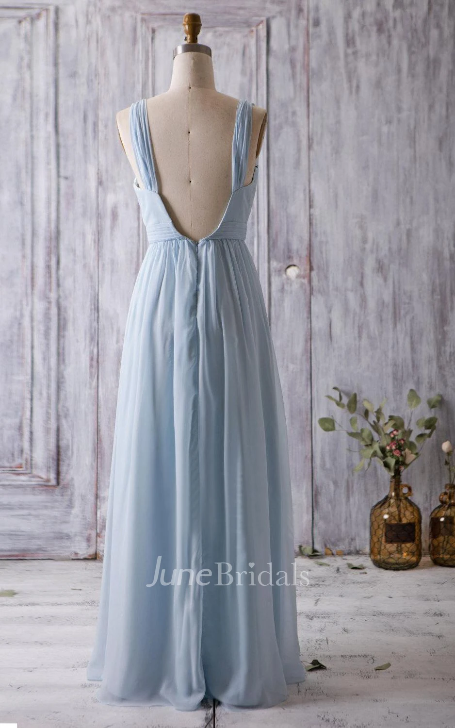 V Neck Backless Empire Waist Pleated A-line Chiffon Long Dress
