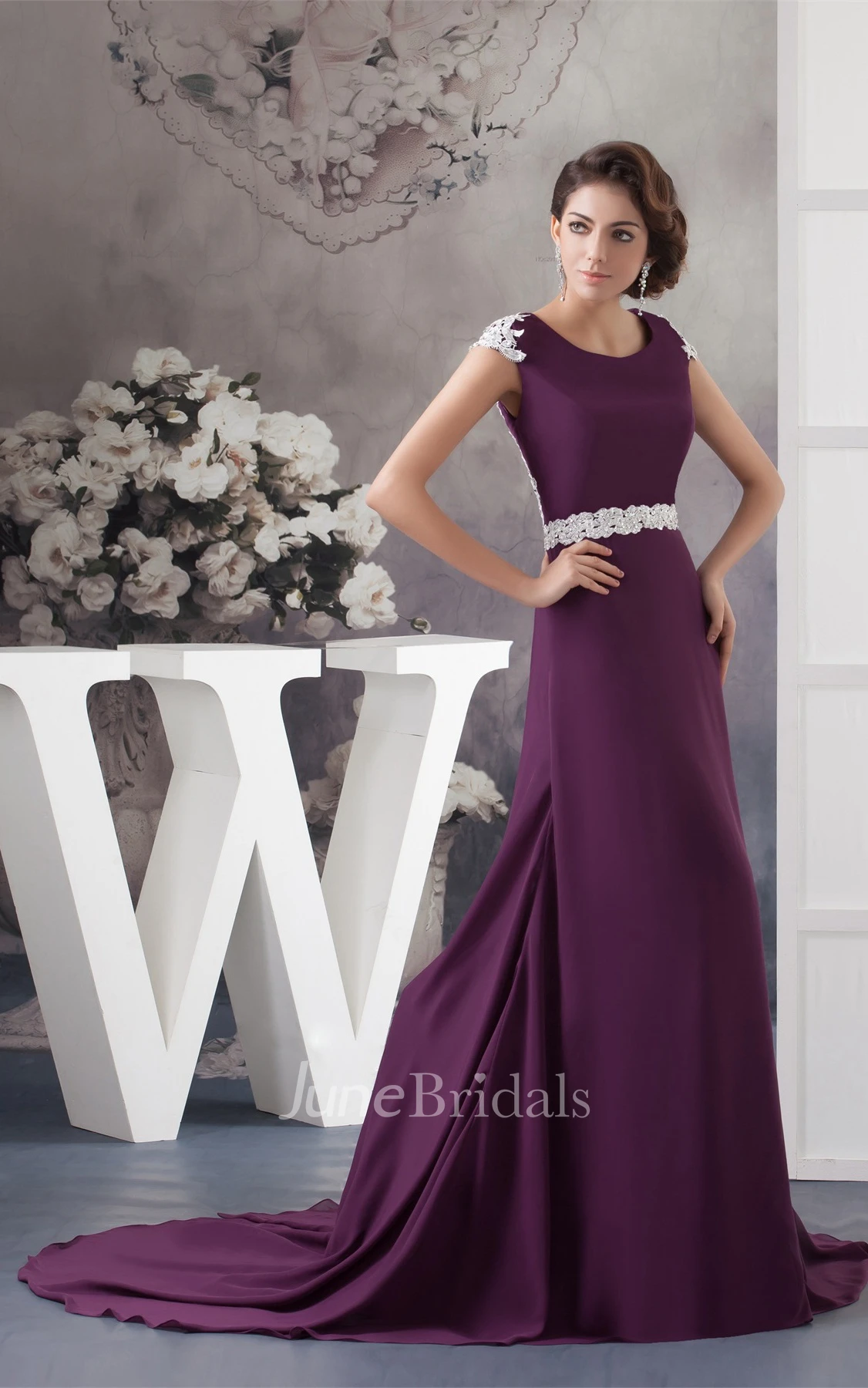 Caped-Sleeve Chiffon Long Dress with Appliqued Back Design