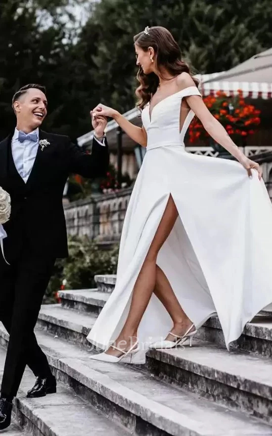 Casual Satin Off-the-shoulder A Line Floor-length Wedding Dress with Split Front