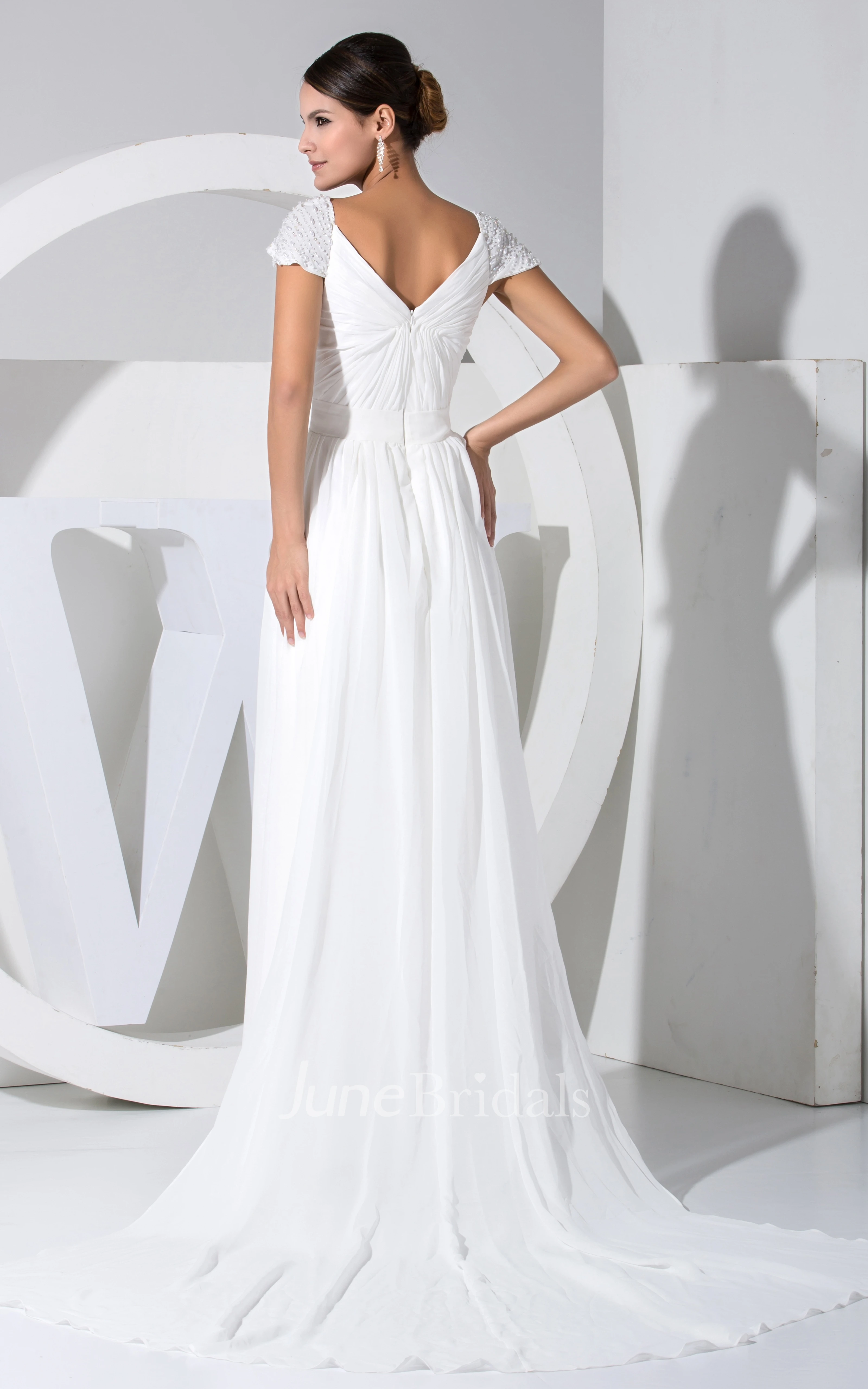 Caped-Sleeve Chiffon Criss-Cross Ruched Dress With Watteau Train