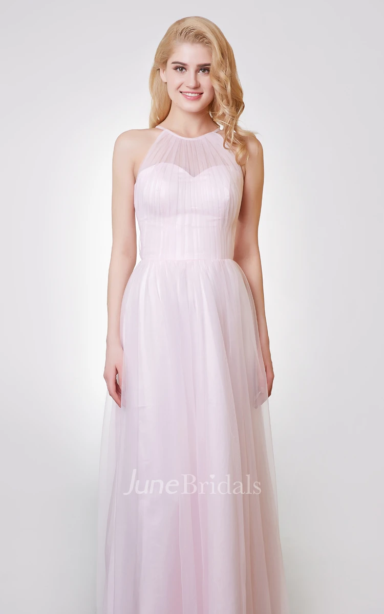 Sleeveless A-line Long Tulle Dress With Pleats