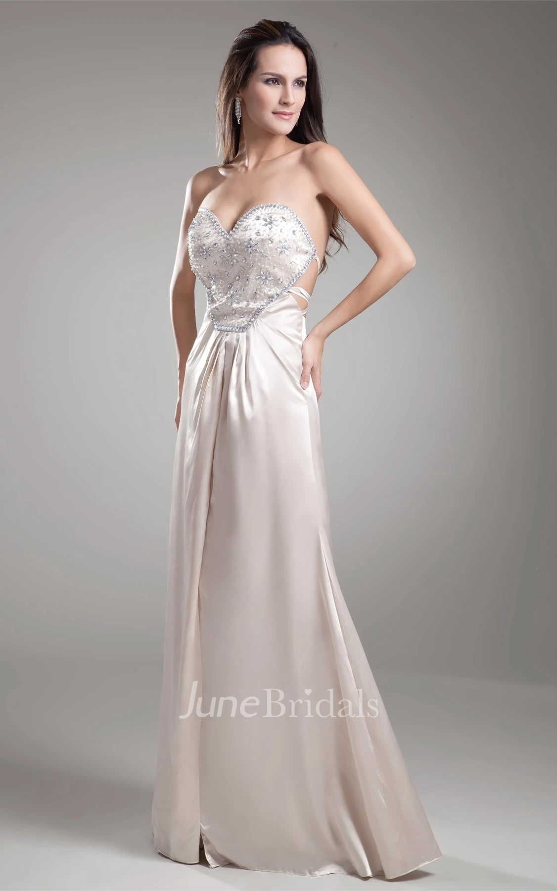 sweetheart a-line floor-length satin dress with jeweled waist