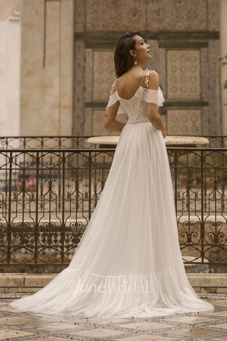 Spaghetti Straps Off-the-shoulder Adorable Tulle Wedding Dress With Lace  Details - June Bridals