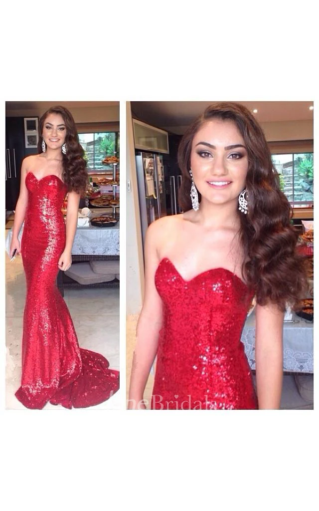 Glamorous Red Sequins Mermaid Prom Dress Sweep Train