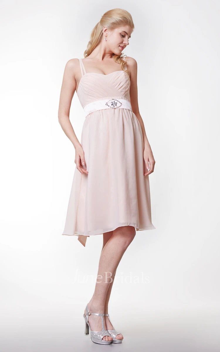 Spaghetti Straps Empire Knee Length Chiffon Dress With Sash Beading Bow