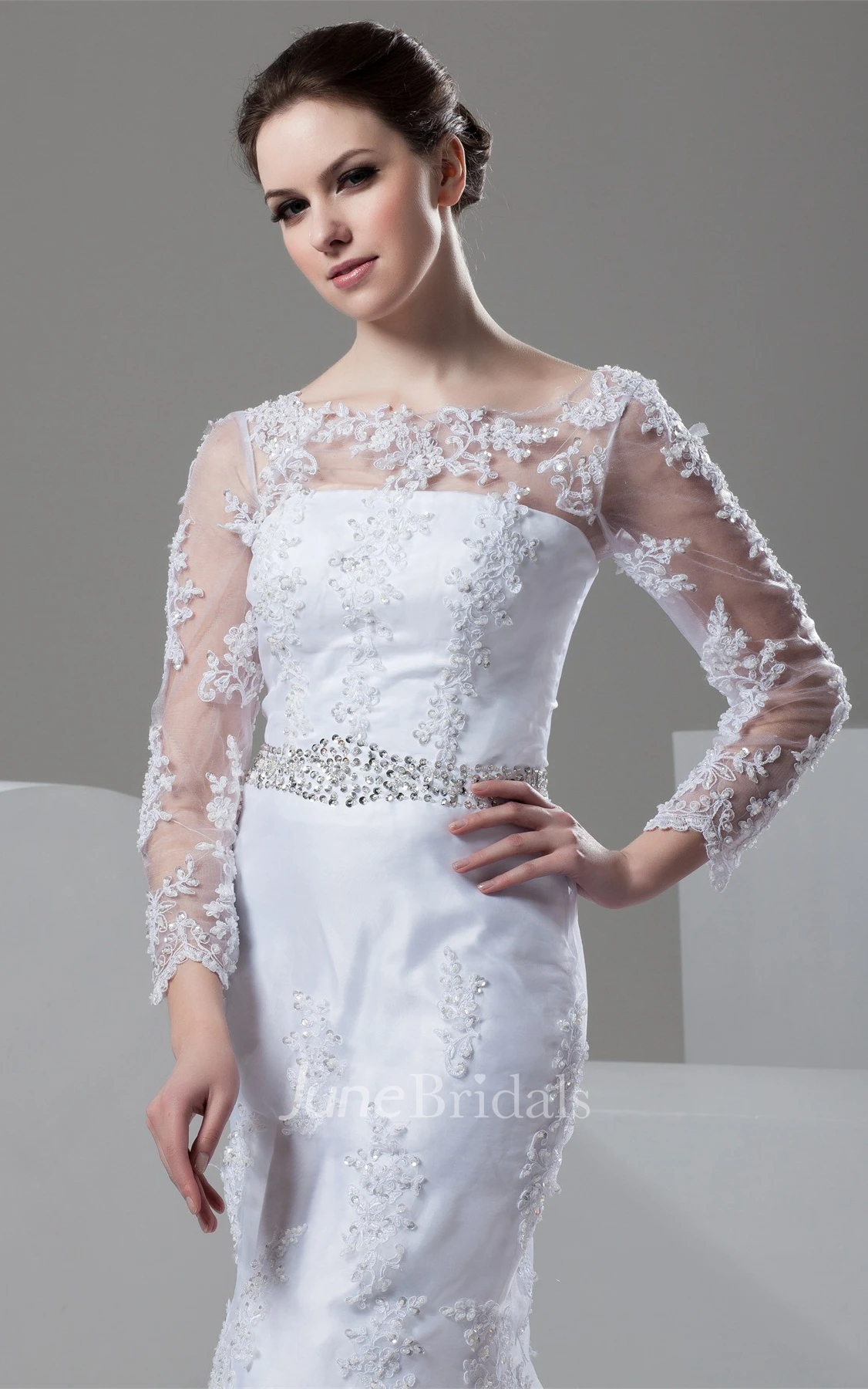 Bateau-Neck Long-Sleeve Mermaid Lace Dress with Illusion