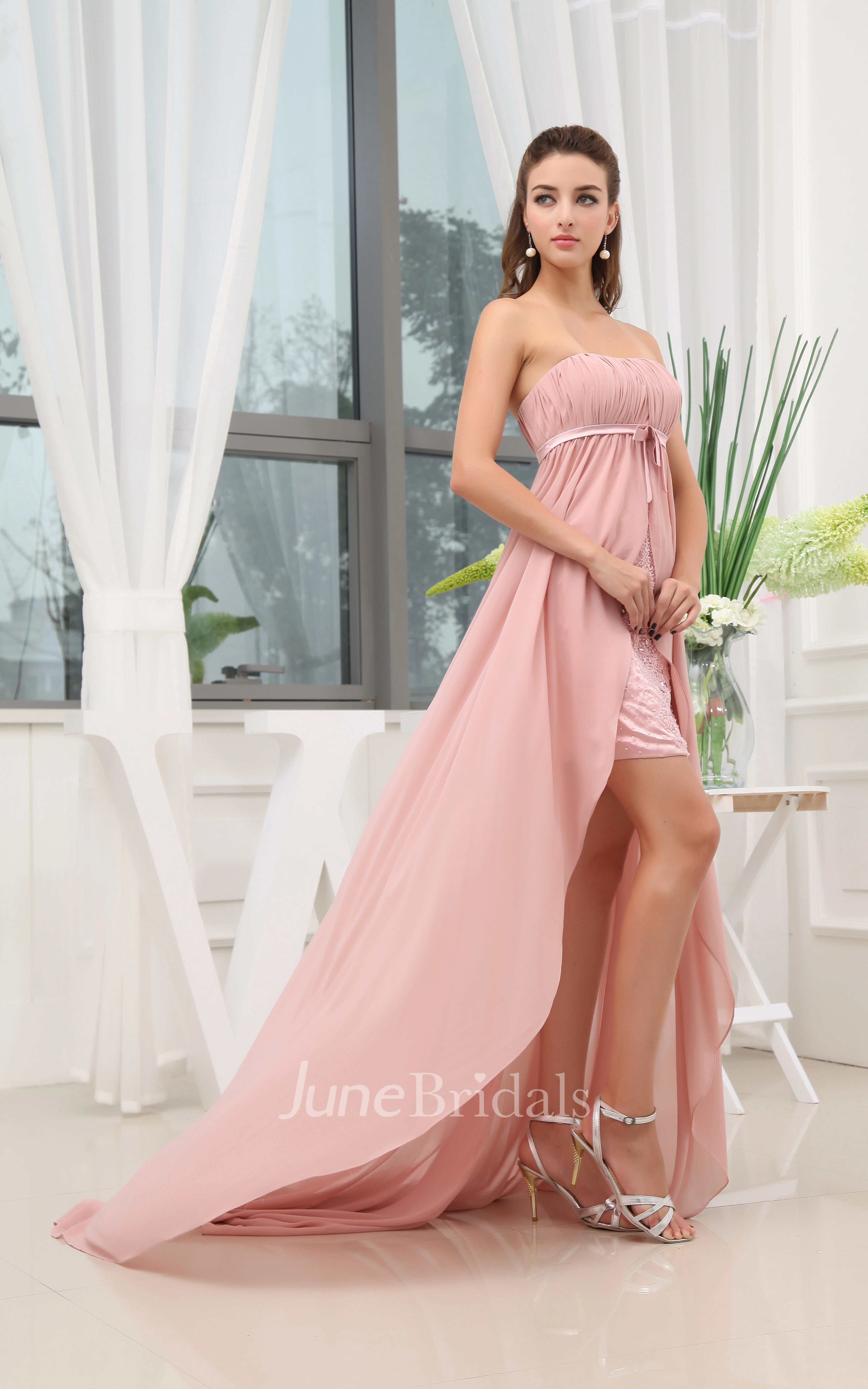 Strapless Chiffon Dress With Empire Waist and Front Slit
