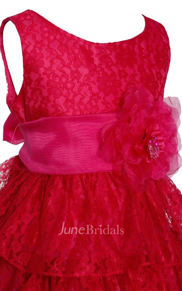 Sleeveless A-line Lace Dress With Tiers and Flower and Bow
