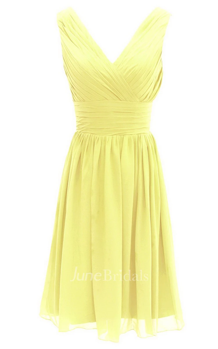 V-neck Pleated A-line Short Dress With Ruched Band