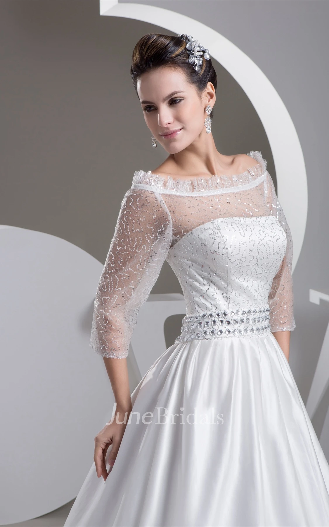 Off-The-Shoulder Satin A-Line Gown with Illusion and Gemmed Waist