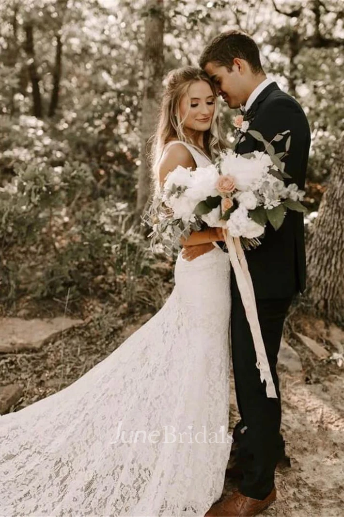 Simple Lace Sleeveless Deep-V Back Bridal Gown with Court Train