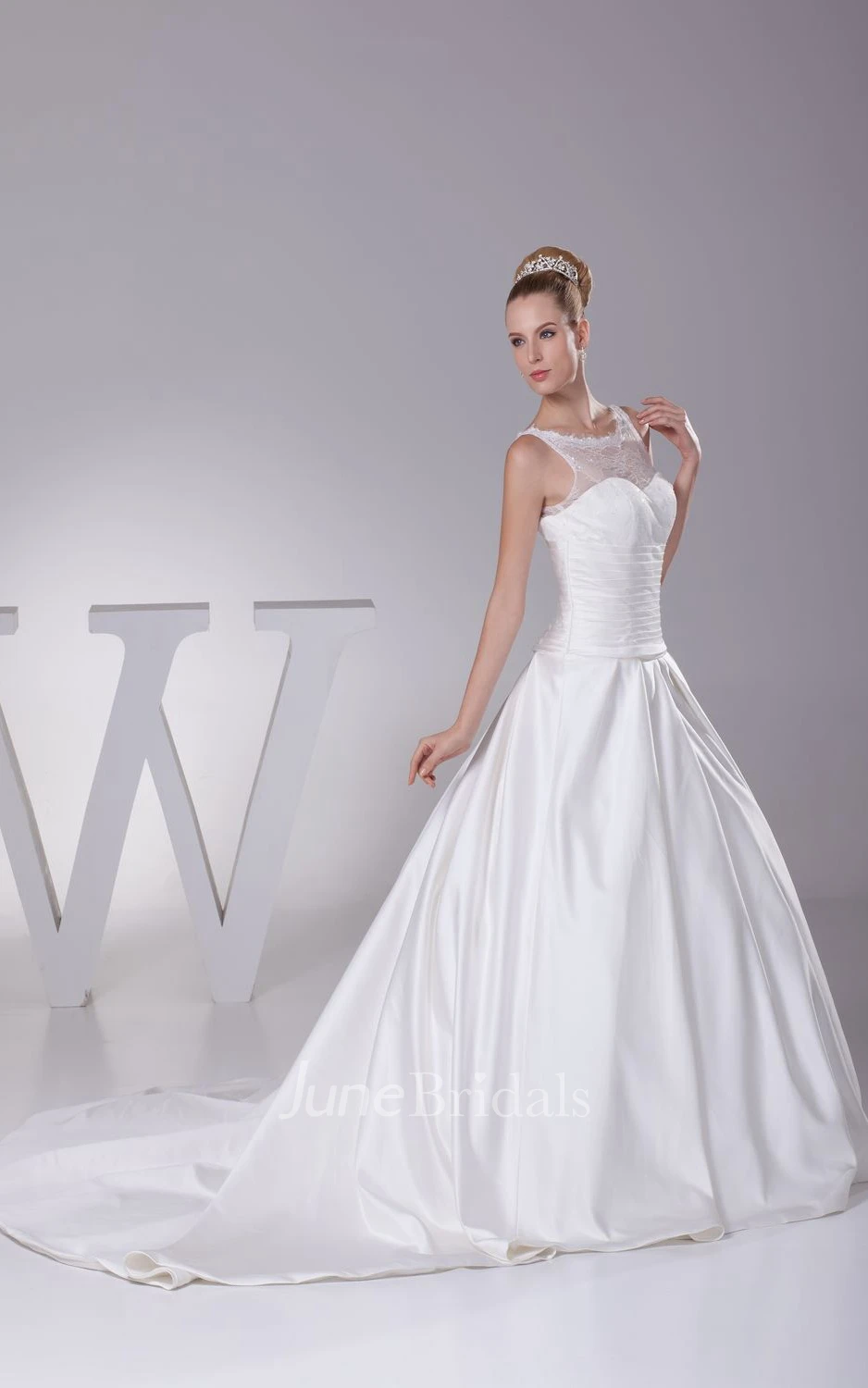 Bateau-Neck Sleeveless Satin A-Line Gown With Ruched Waist