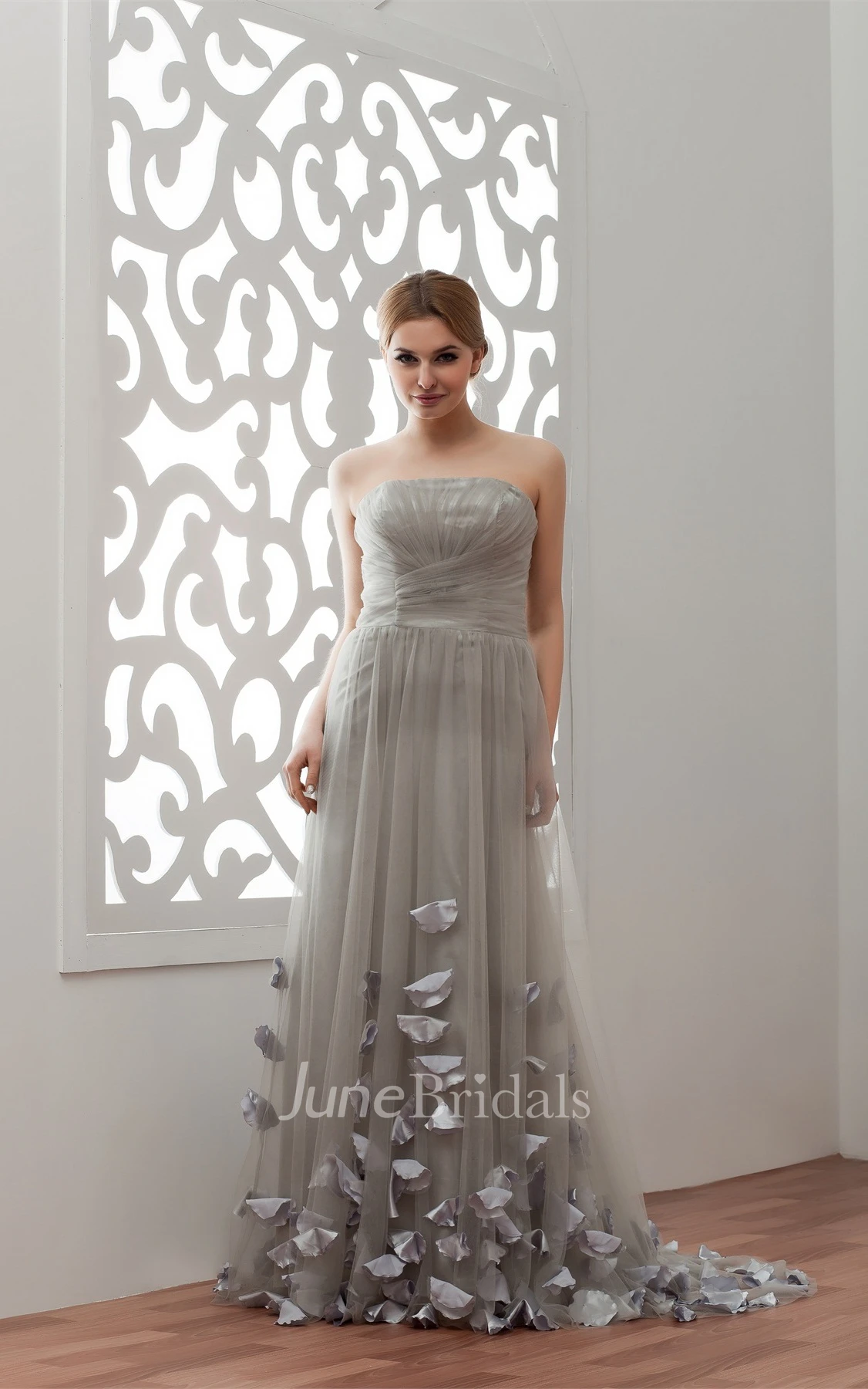 Strapless Tulle Floor-Length Gown with Flower and Pleats