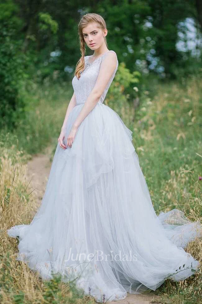 Bell Sleeve Tulle Satin Lace Wedding Dress
