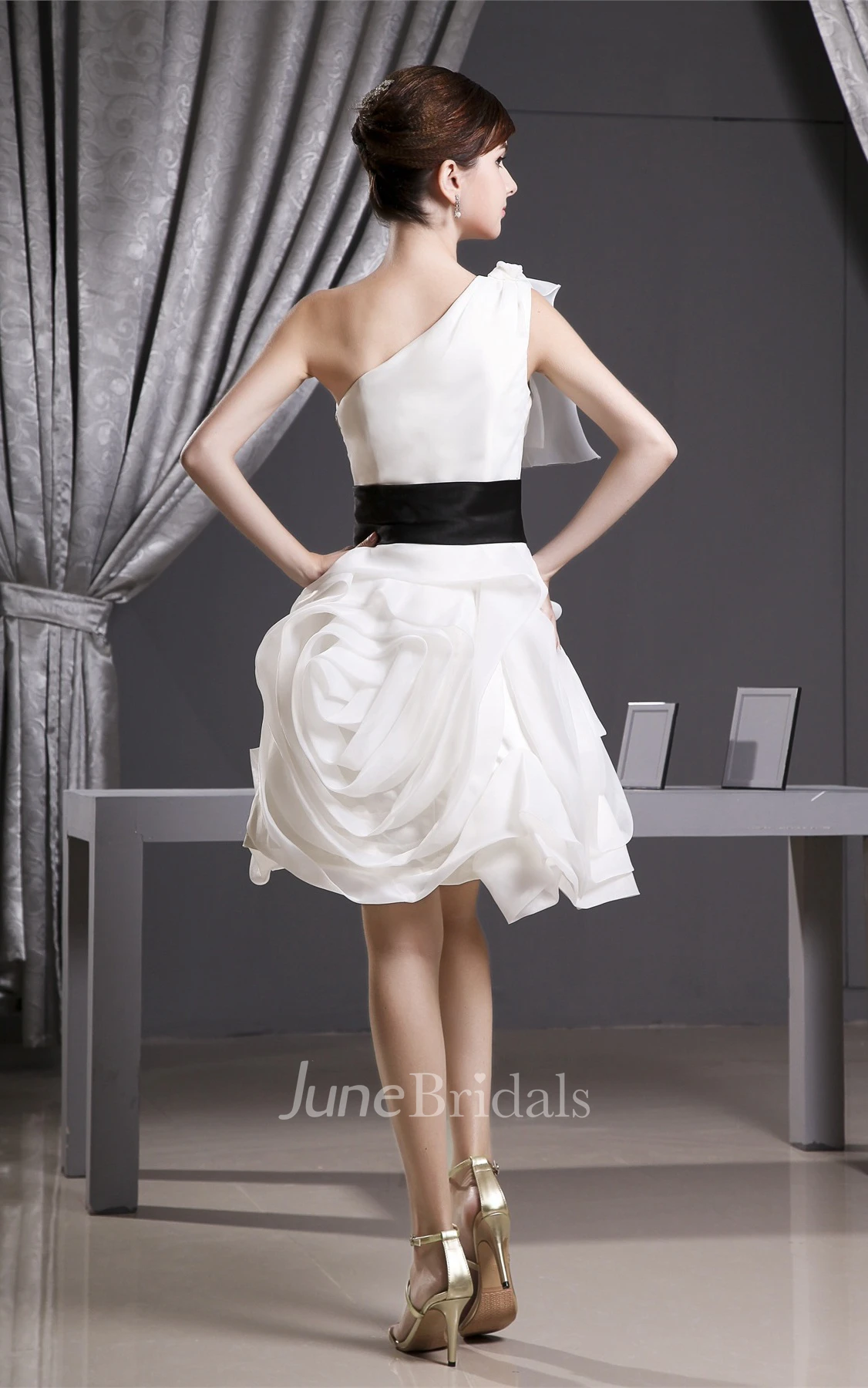 One-Shoulder A-Line Mini Dress with Floral Skirt