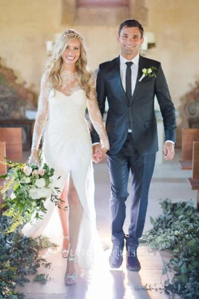 Sheath Short Long Sleeve Bell Illusion Bat Appliques Split Front Split Illusion Sweep Train Zipper Illusion Lace Dress