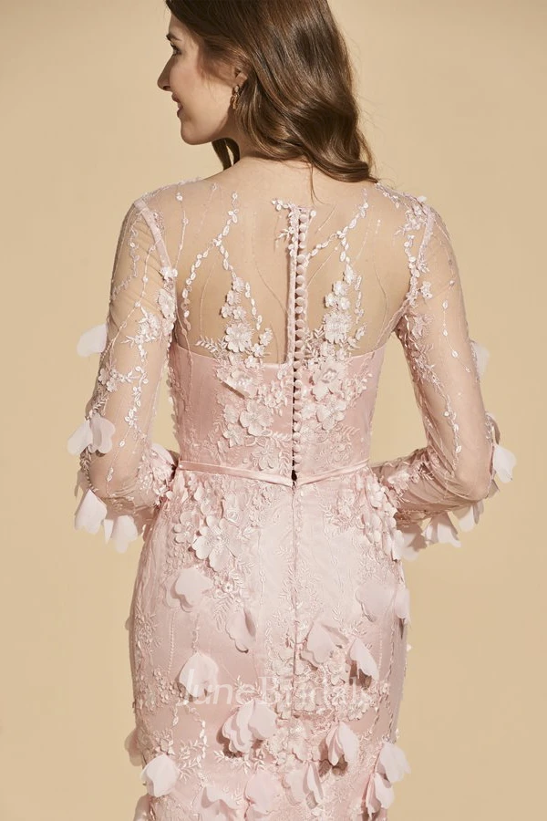 Illusion Long Sleeve Floral Appliqued Mini Skirt Bodycon Dress With Bow And Sash