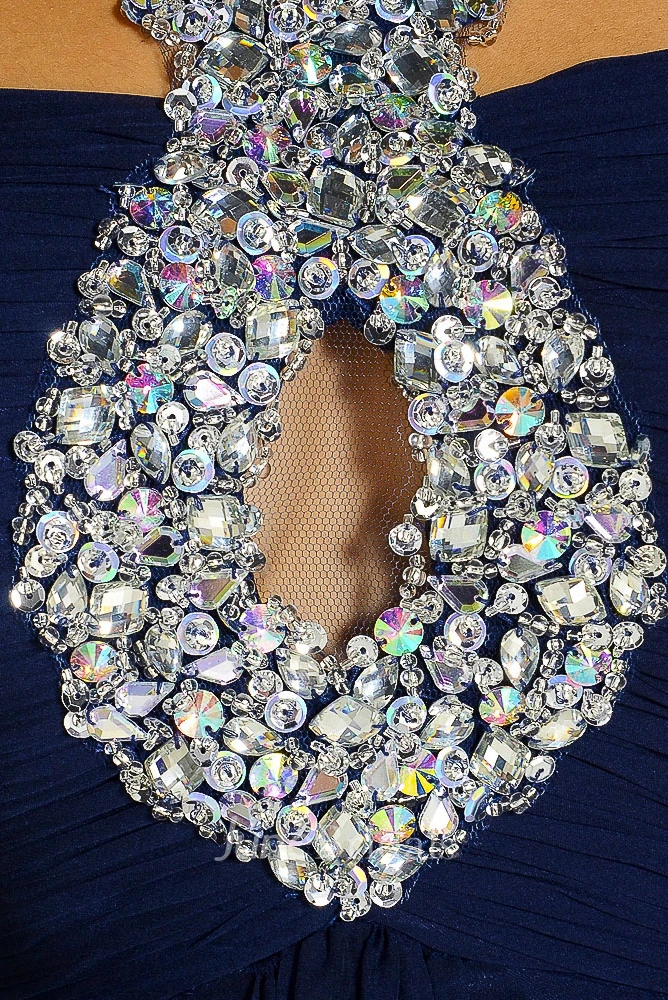 Sleeveless Beaded Strapped Chiffon Prom Dress With Ruching