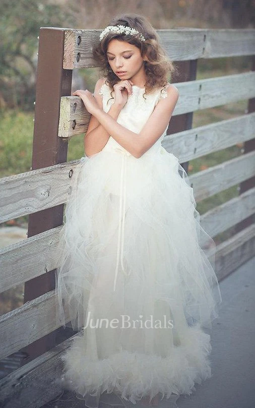 Sleeveless Lace Neck Tulle Dress With Beading