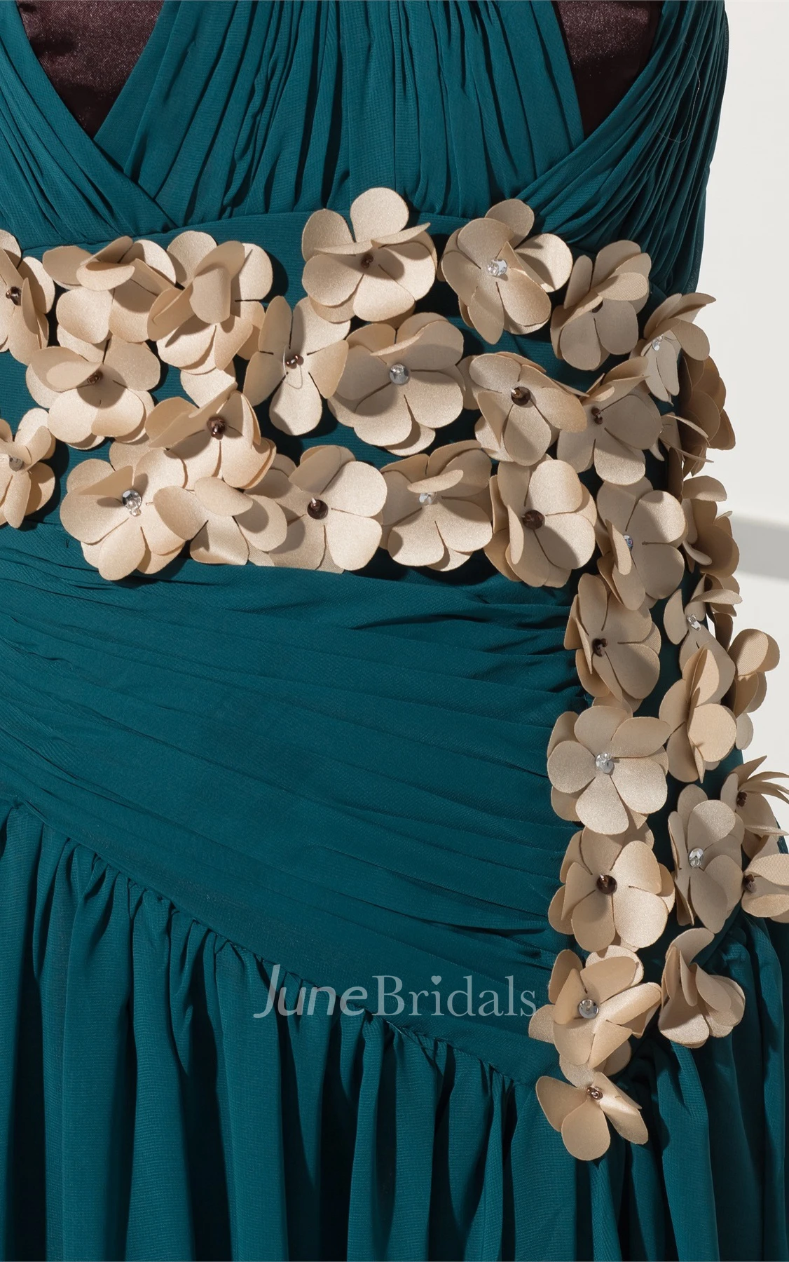 Spaghetti-Straps Pleated Long Dress with Floral Waist