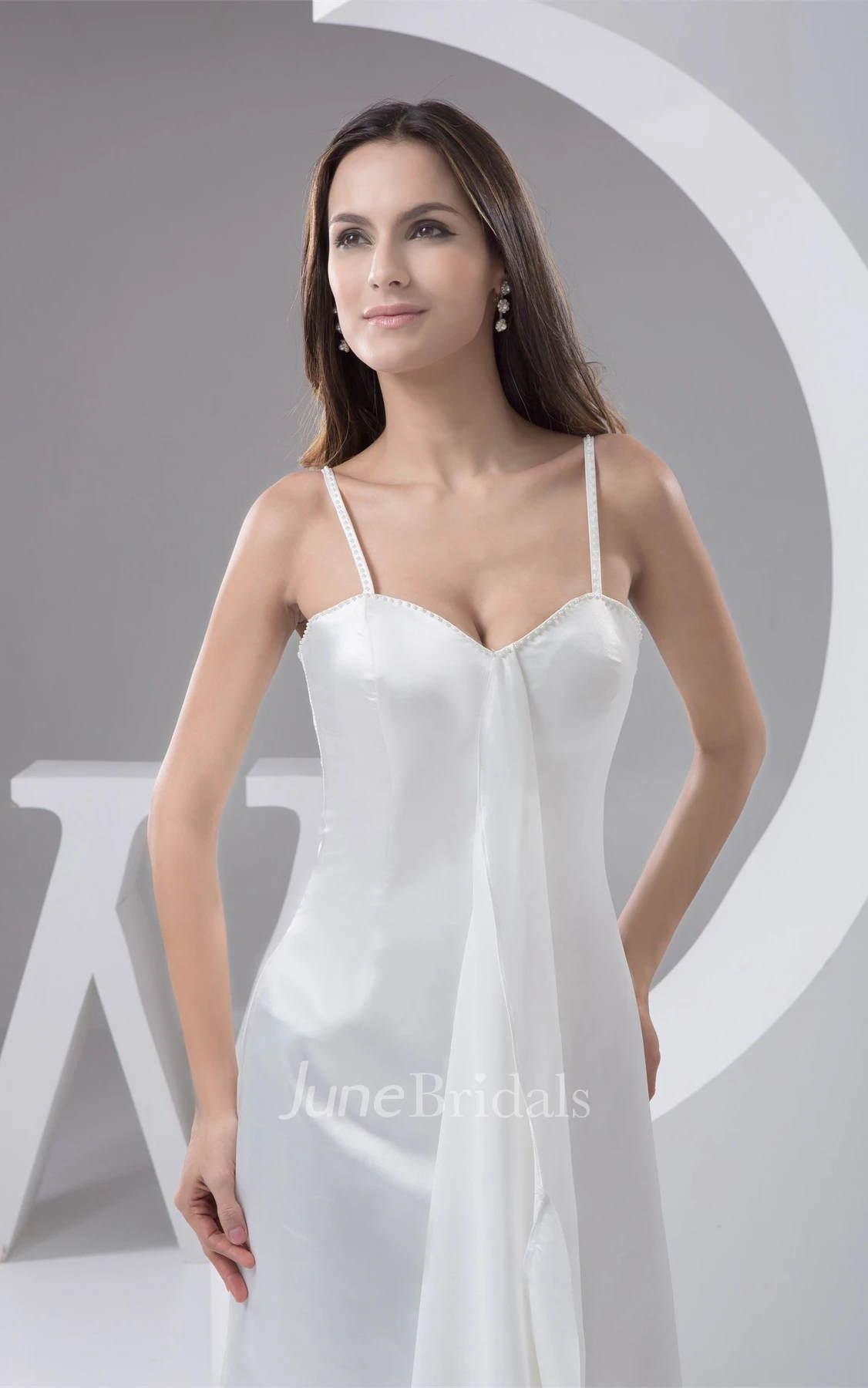 Spaghetti-Straps Satin Sheath Dress with Draping and Sweep Train