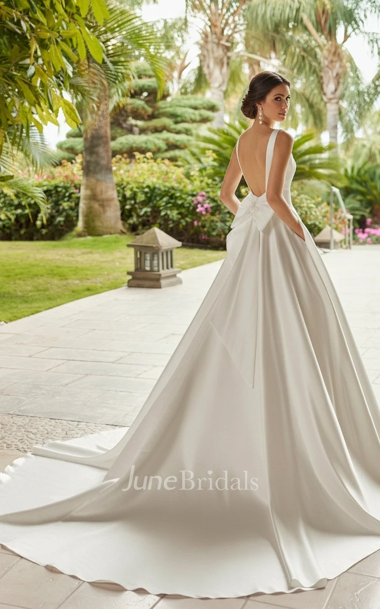 Elegant Romantic A-Line Square Neck Straps Satin Spring Wedding Dress Simple Solid Court Floor-length Sleeveless Backless Zipper Bridal Gown with Bow