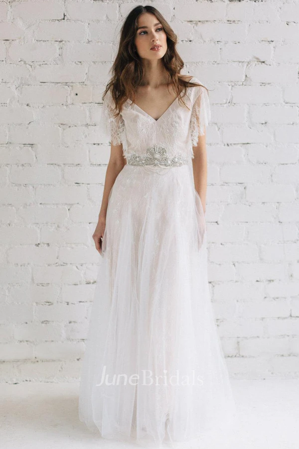 Plunged Poet-Sleeve Tulle Lace Wedding Dress With Beading