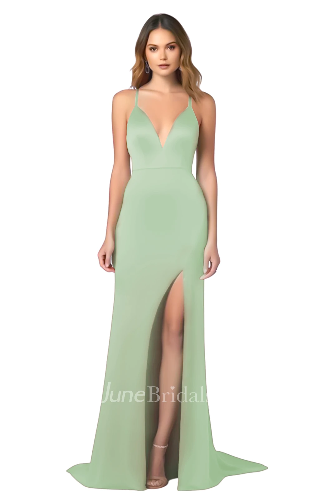 Modern A-Line Spaghetti V-neck Satin Bridesmaid Dress with Split Front