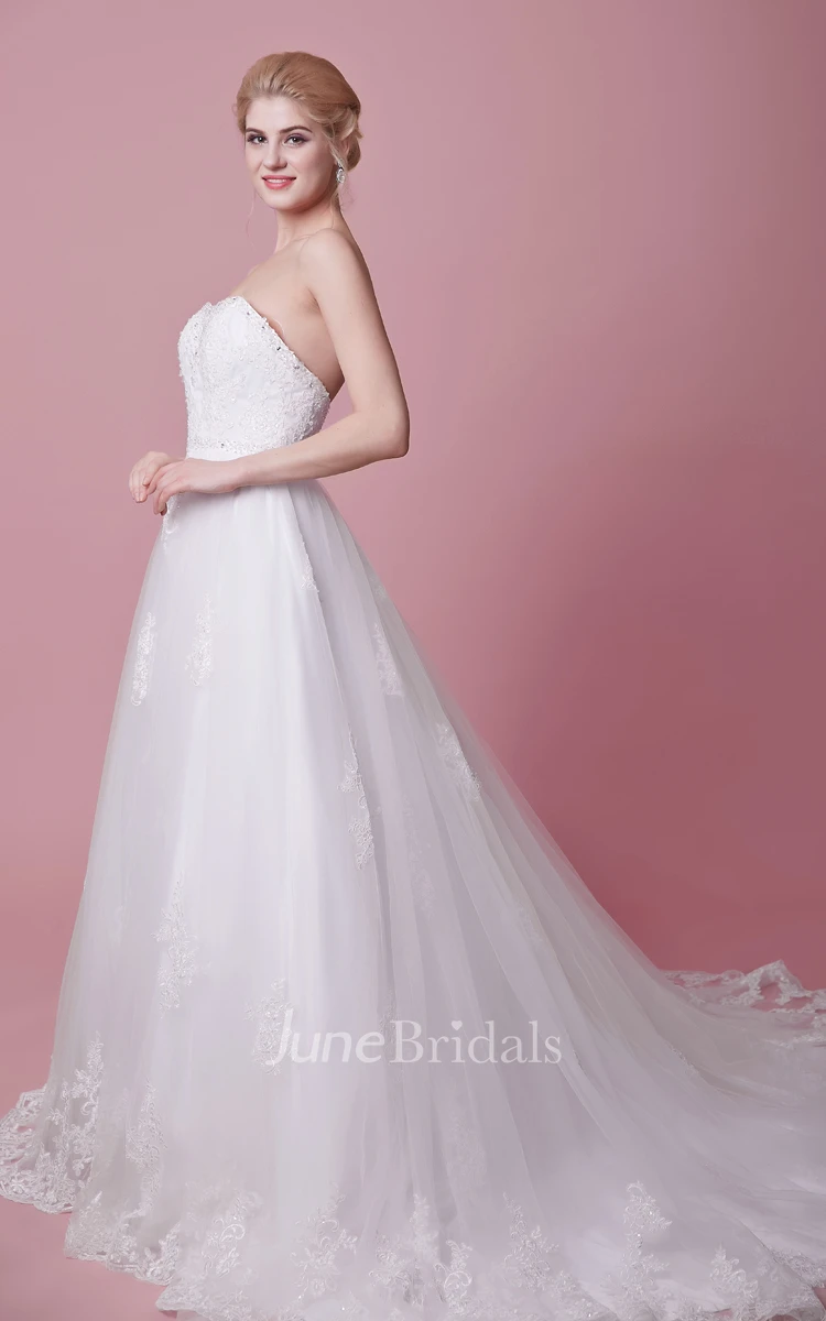 A-Line Strapless Lace-Appliqued Tulle Dress With Beaded Bodice