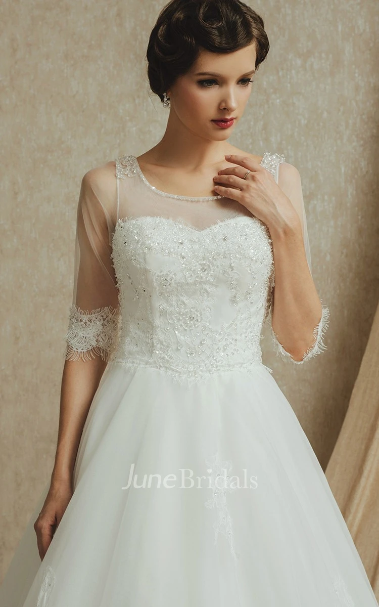 Noble 3 4 Sleeve A-line Organza and English Net Gown With Beading