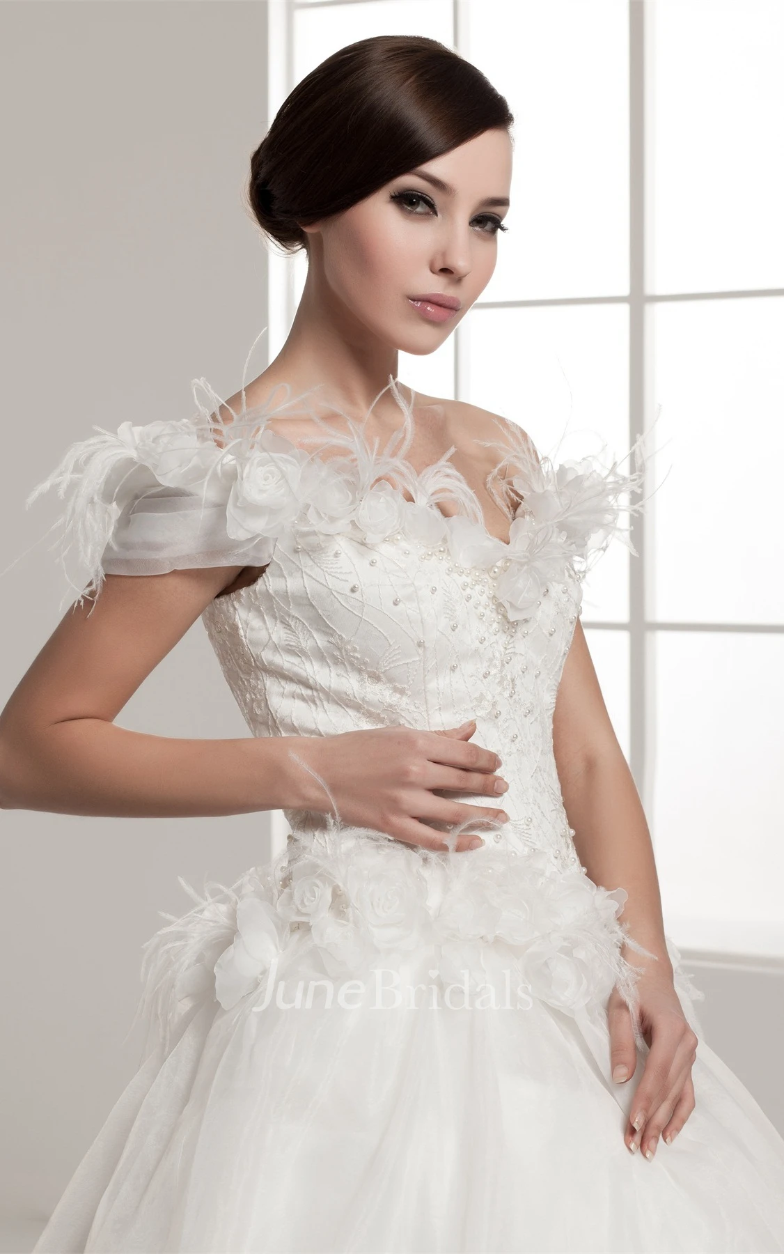 Off-The-Shoulder A-Line Ball Gown with Beading and Floral Waist