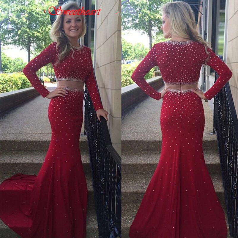 Glamorous Long Sleeve Beadings Prom Dresses Burgundy Long Long Sleeve