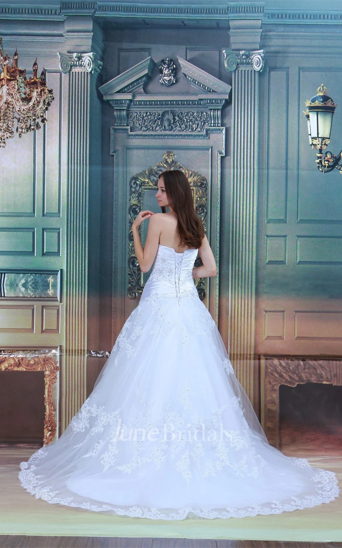 strapless lace a-line ruched dress with court train and corset back