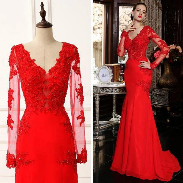 Sexy Red Long Sleeve Mermaid Prom Dress With Lace Appliques Sweep Train