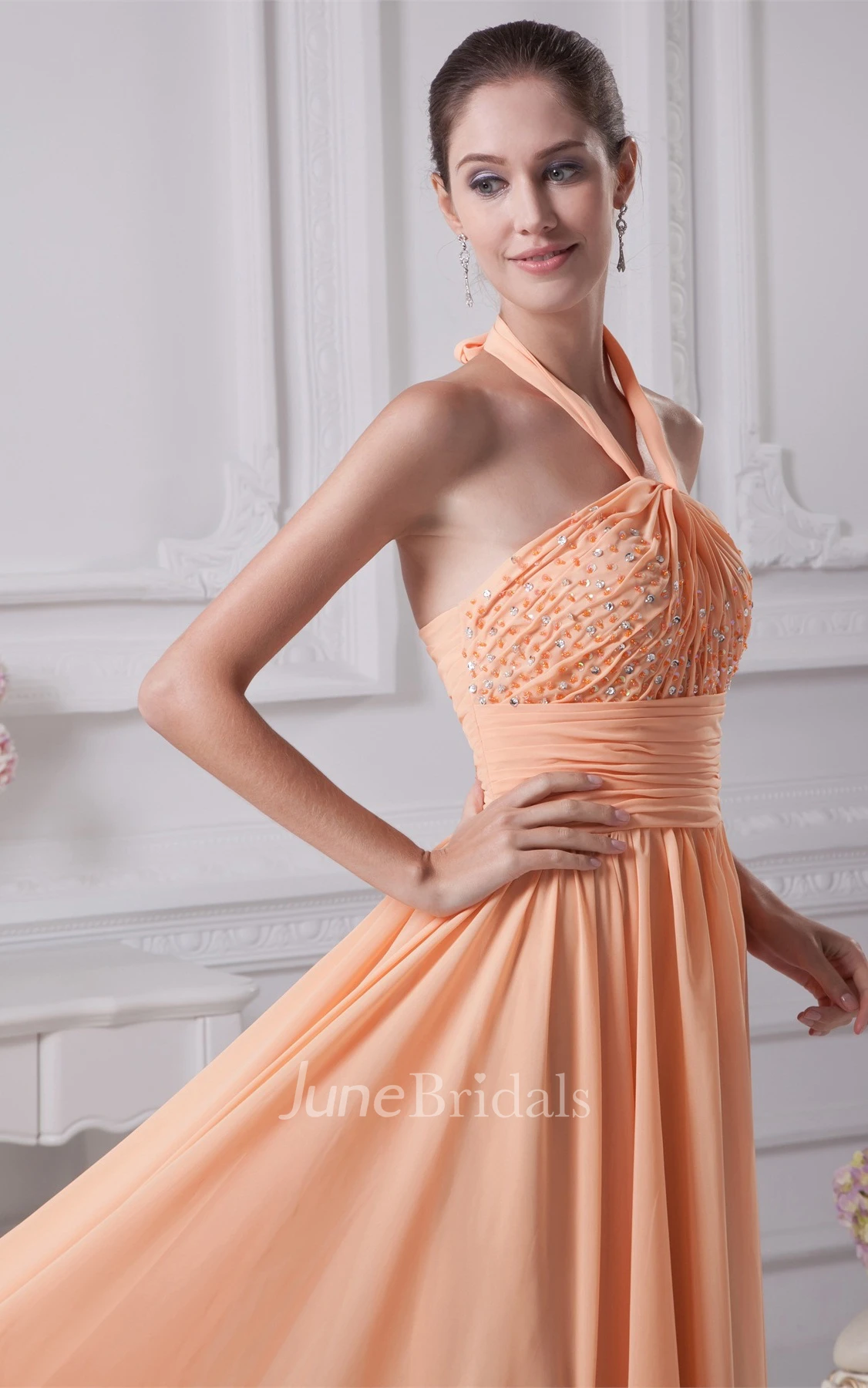 Sleeveless Ruched Chiffon A-Line Gown with Halter and Jeweled Top
