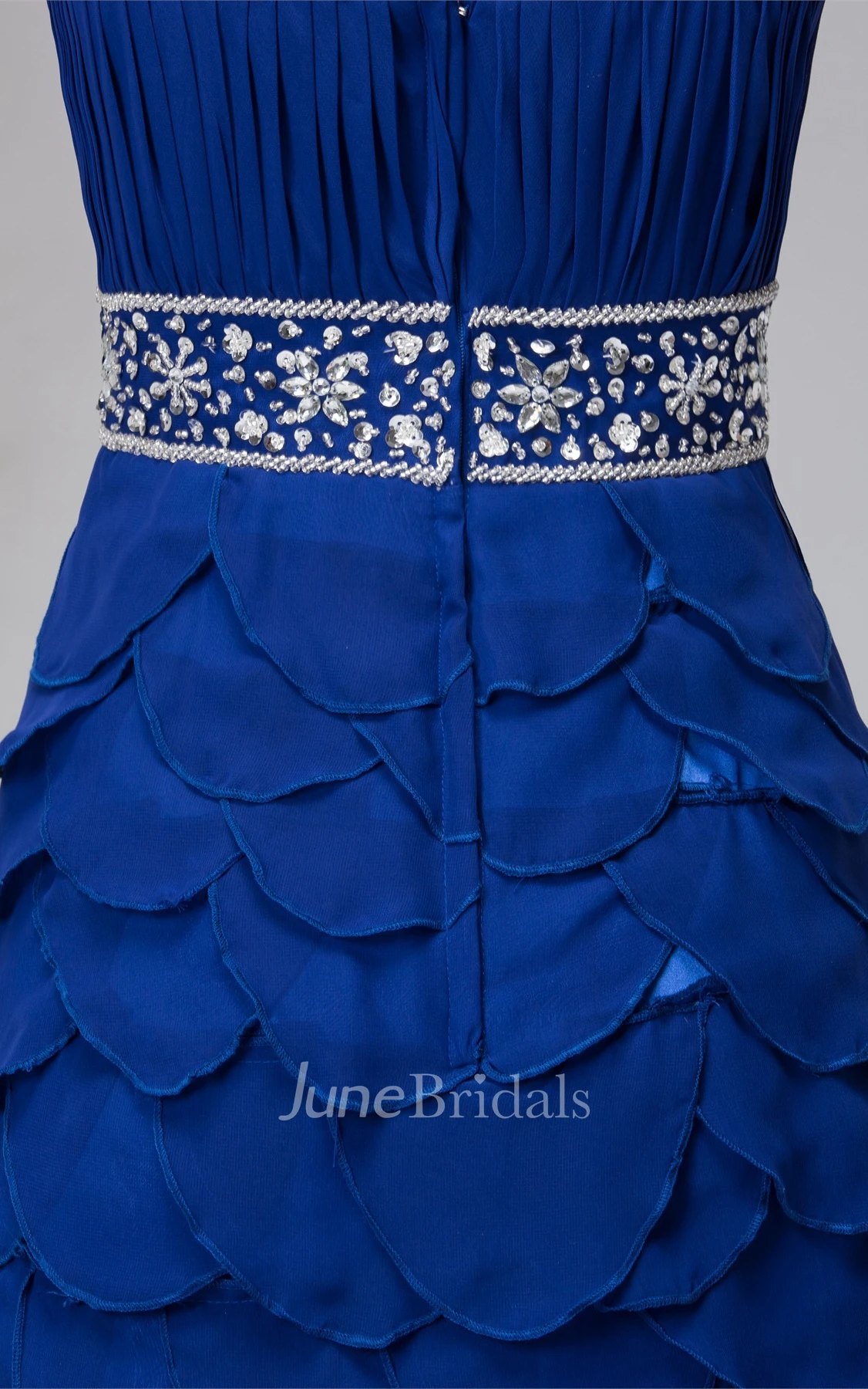 Plunged Spaghetti-Strap Floor-Length Dress with Layers and Beaded Waist