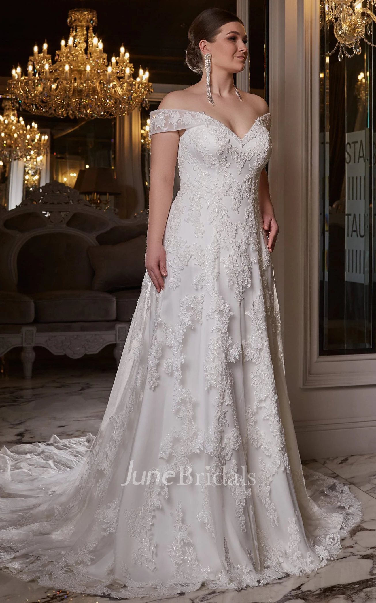 Elegant Short Sleeve Court Train Lace A Line Wedding Dress with