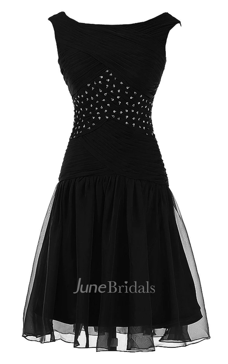 Cap-sleeved A-line Chiffon Layered Dress With Beadings