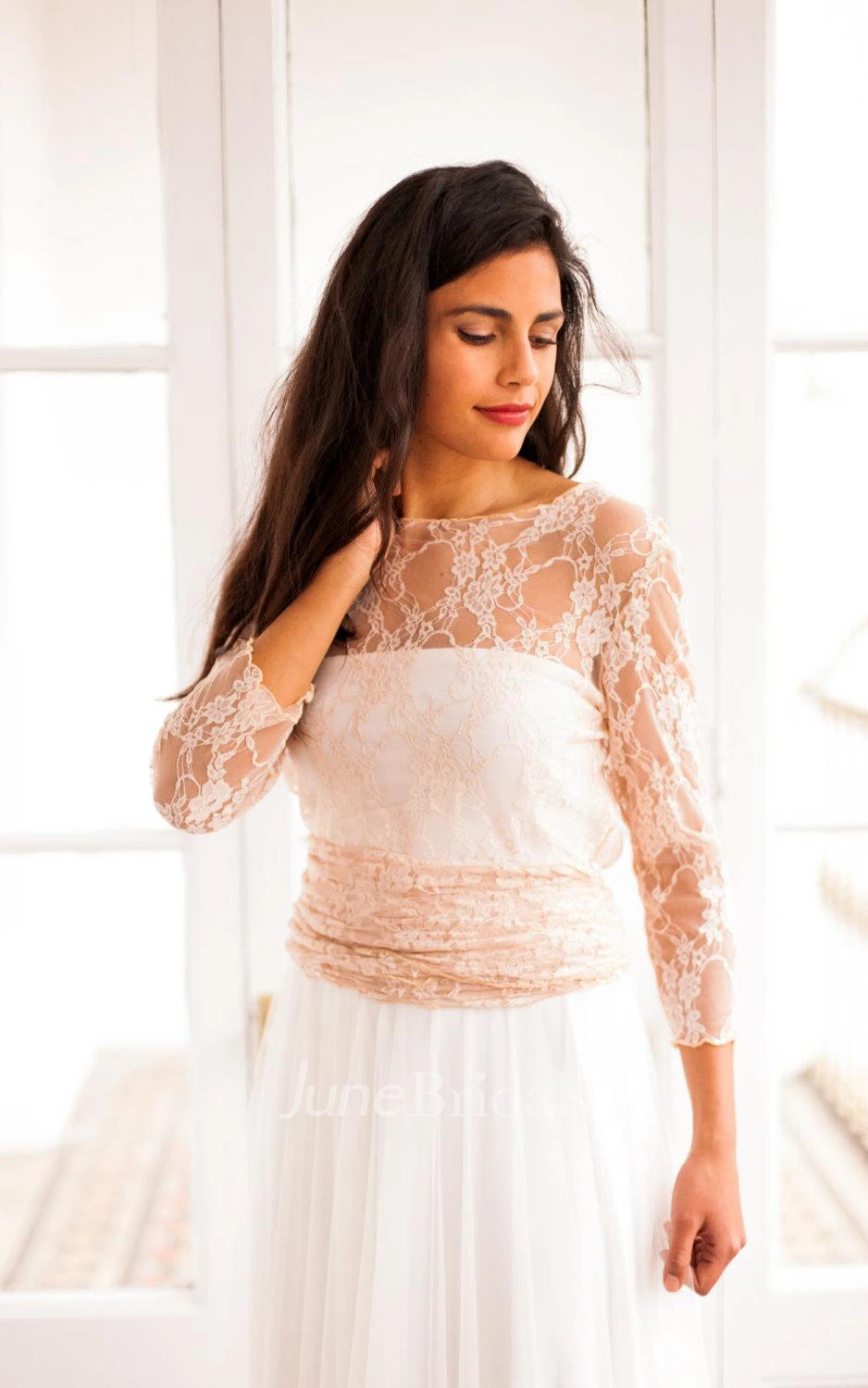 Long Sleeve Tulle Lace Jersey Satin Weddig Dress