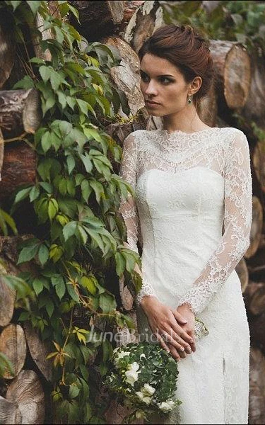 Scalloped Illusion Sleeve Keyhole Back Sheath Long Lace Wedding Dress